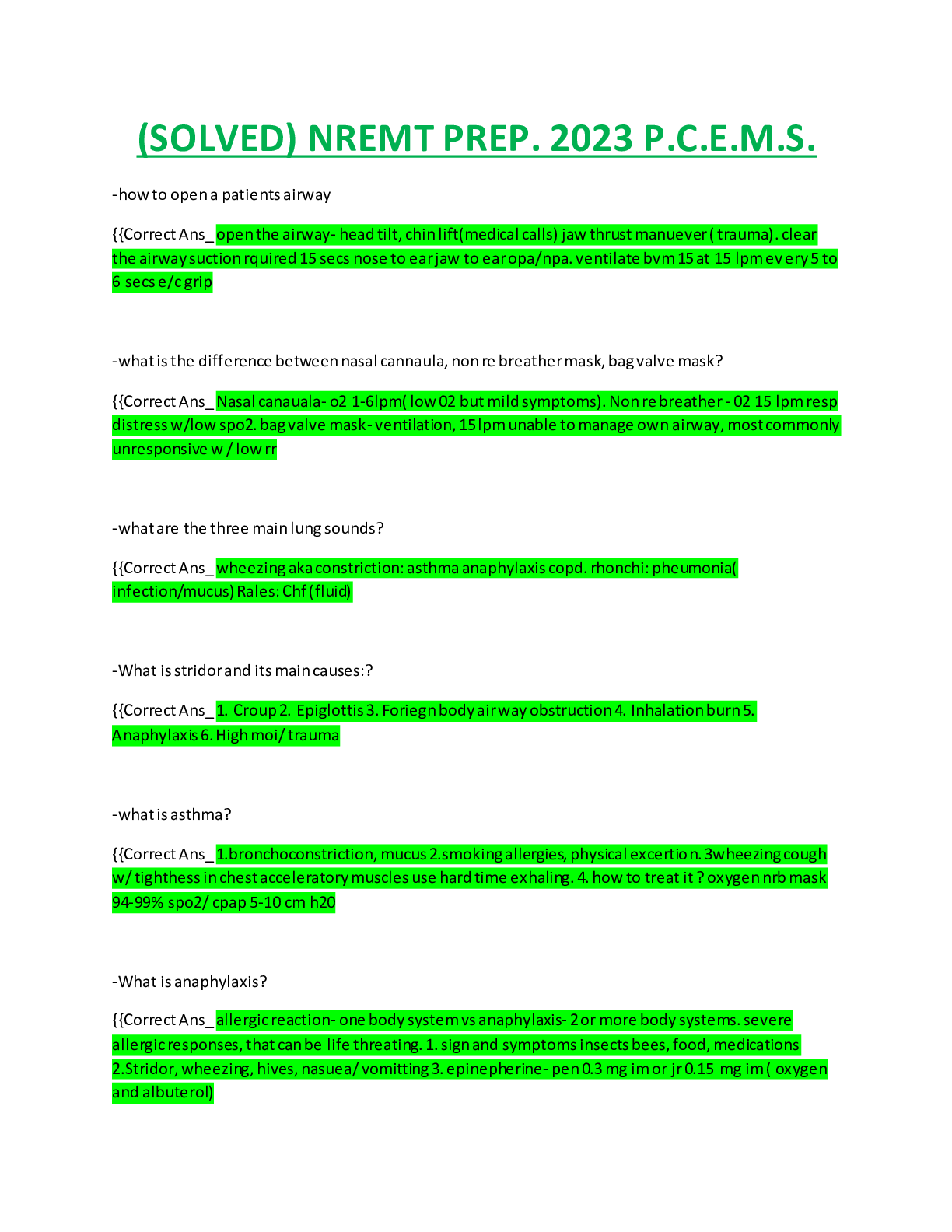 Preview of (SOLVED) NREMT PREP. 2023 P.C.E.M.S. Questions with Answers